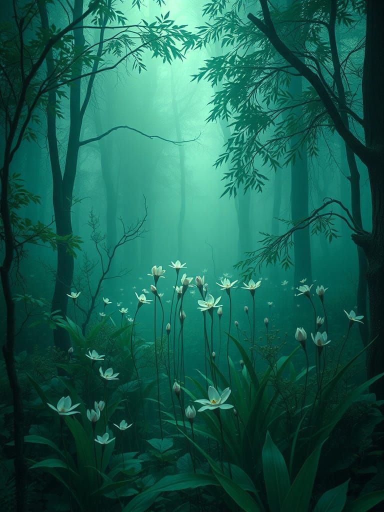 Emerald Green Foggy Forest with Flowers