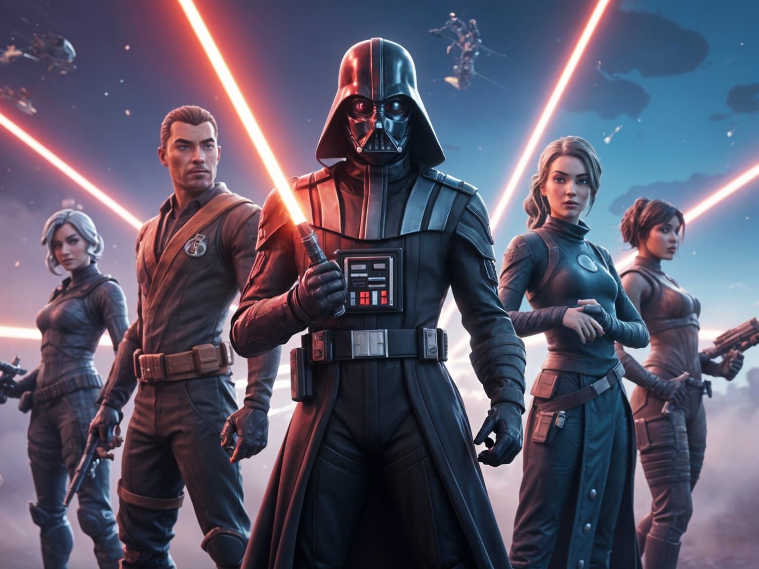 Make a YouTube thumbnail for Fortnite showcase the latest Star Wars characters added to the game