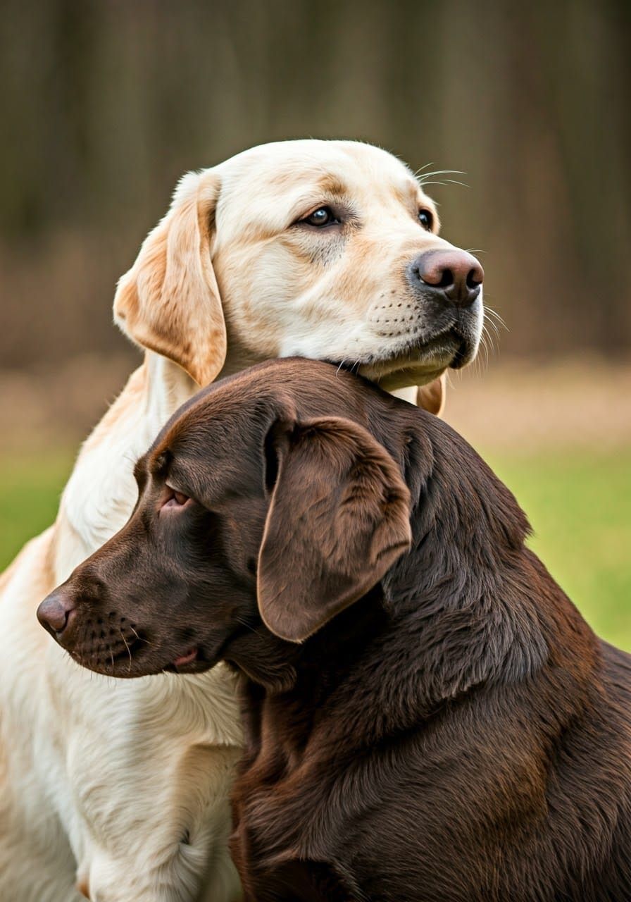 Golden Lab Hugging Chocolate Lab Outdoors