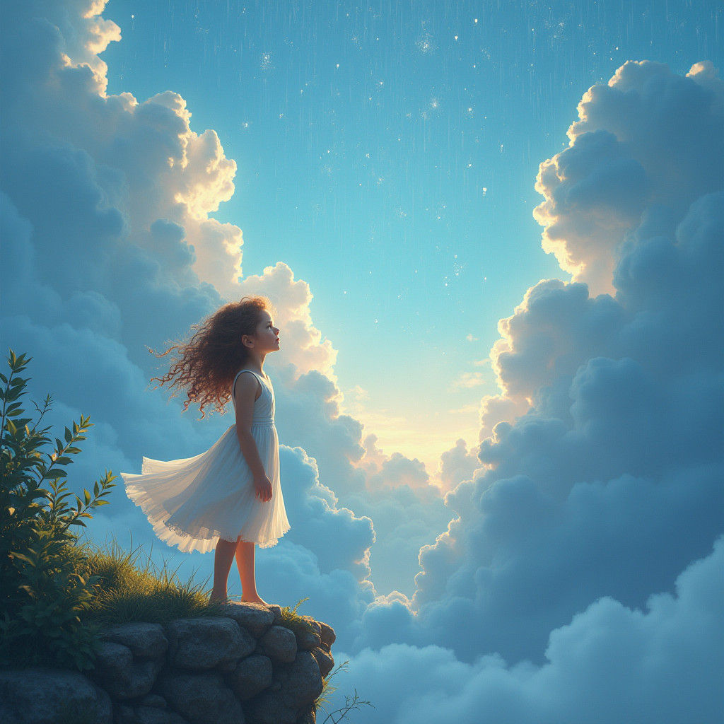 Girl Gazing at Magical Sky in Dreamlike Landscape