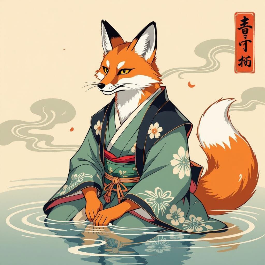 Handsome Fox Man in Ancient Japan Ukiyo-e Style