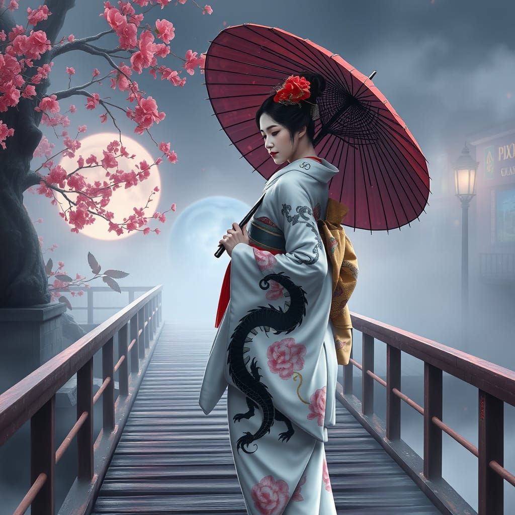 Geisha in Kimono on Misty Bridge, Fantasy Art