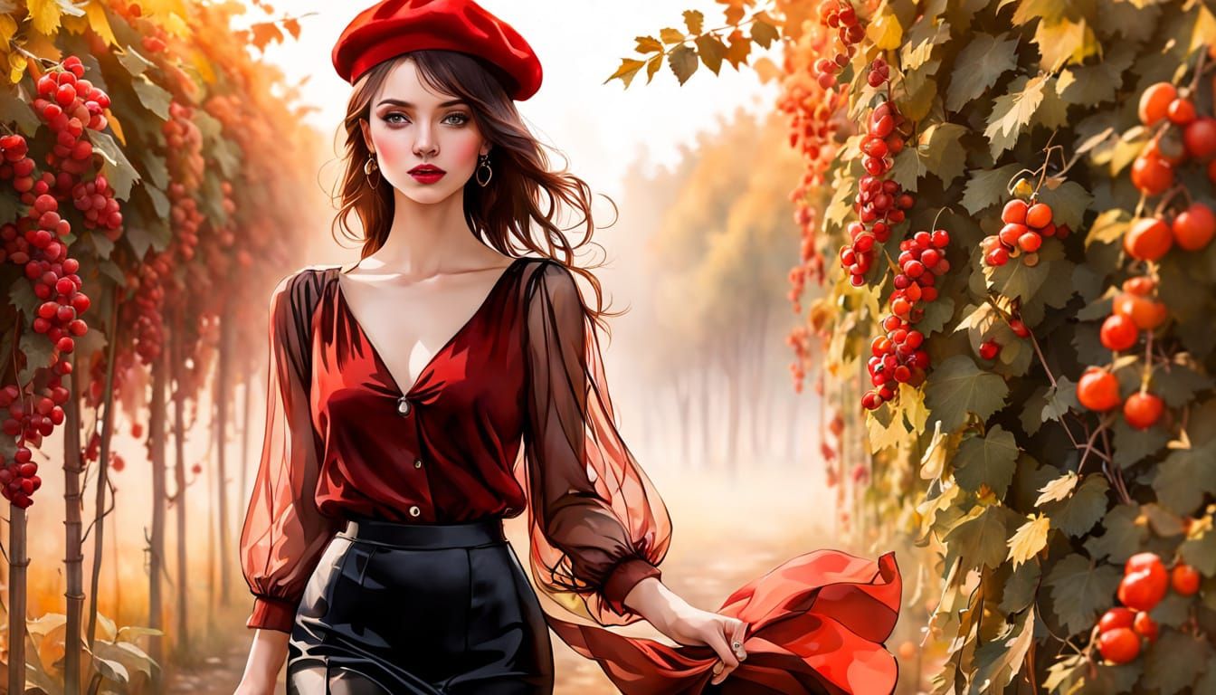 Elegant French Fashion Muse in Autumn Vineyard