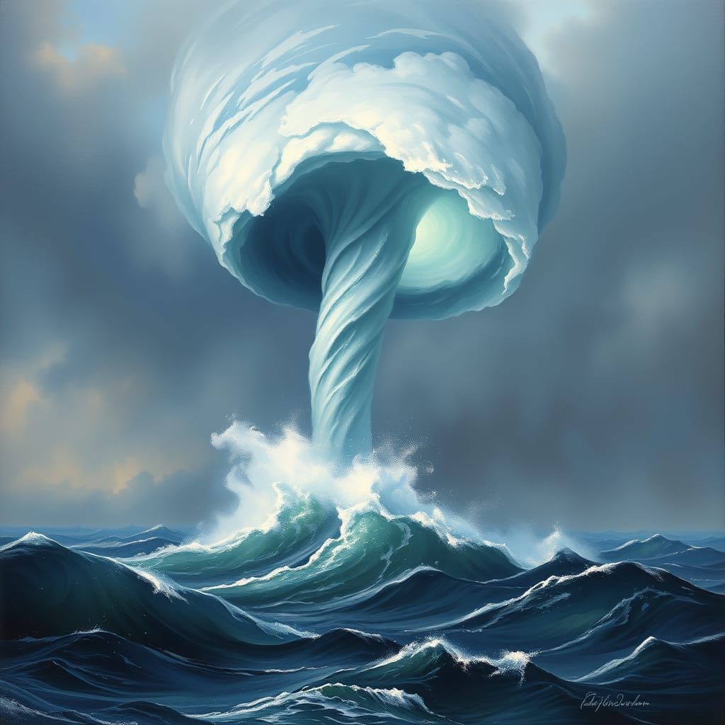 Swirling Waterspout Rises from Turbulent Ocean