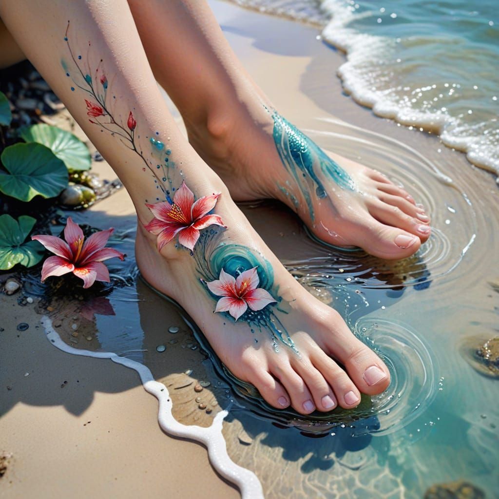 Watercolor Feet with Tattoos on Tropical Beach