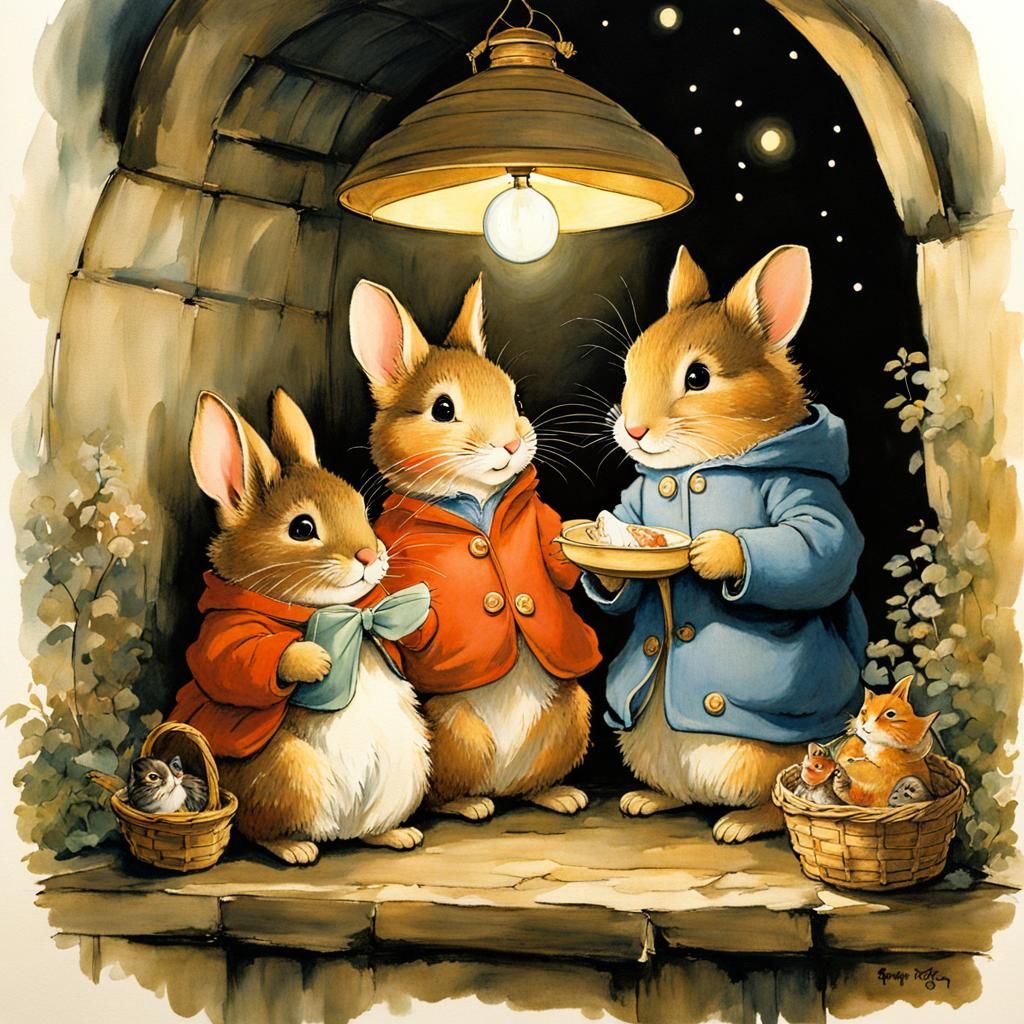 Cozy Friends Nighttime Illustration in Japanese Art Style