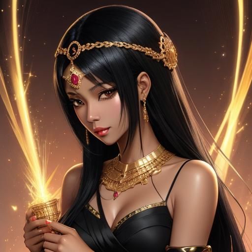 Anime Style Portrait of Woman with Golden Jewelry