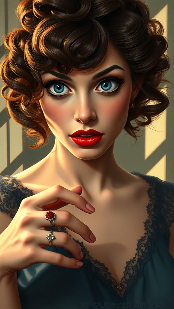 Surprised Woman with Ruby Ring in Art Nouveau Style
