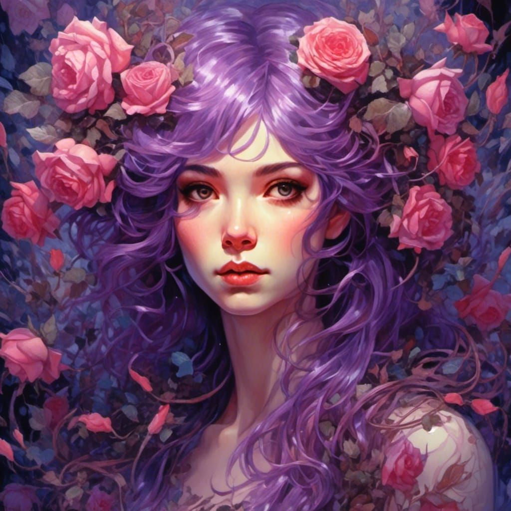 Ethereal Fairy Woman Portrait with Purple Hair