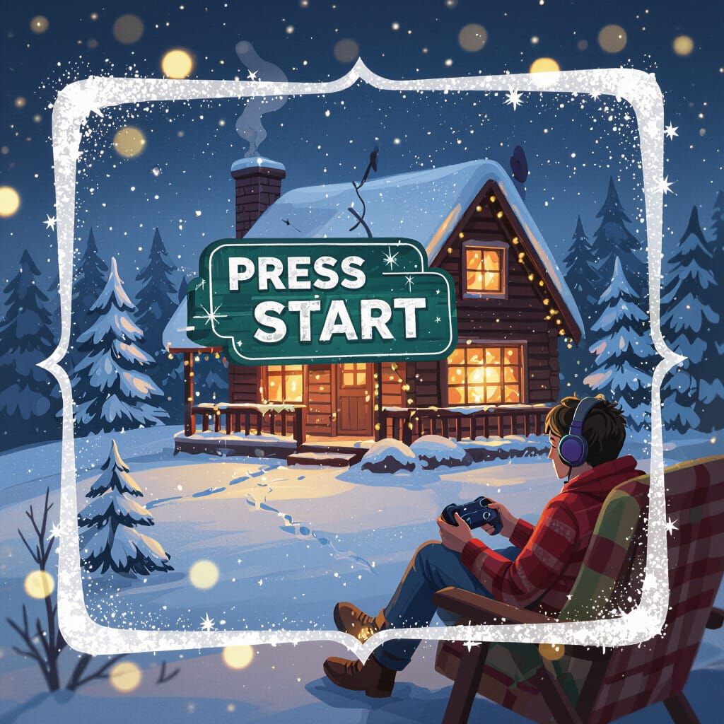 Cozy Gamer Cabin in Snowy Landscape with 'PRESS START'