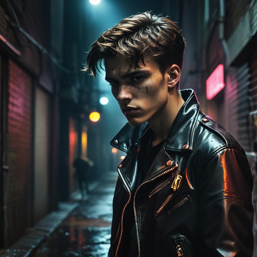 Brooding Teen in Alley: A Film Noir Portrait
