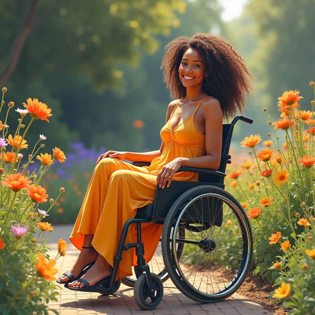 Woman in Wheelchair in Sunlit Garden, Expressive Portraiture