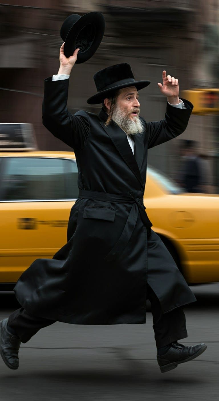 Hasidic Jewish Man in Mid-Motion, Hailing Taxi in 80s Style