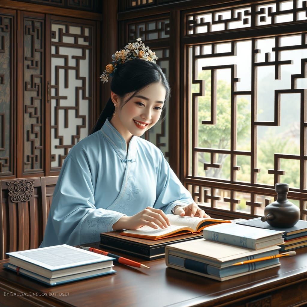 Chinese Girl in Song Dynasty Library, Detailed Oil Painting