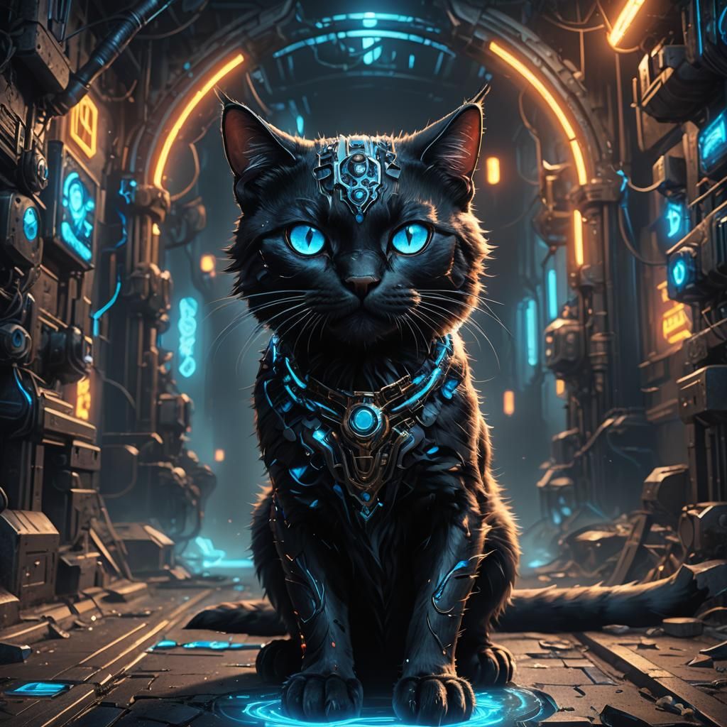Black Techno Cat with Glowing Neon Eyes