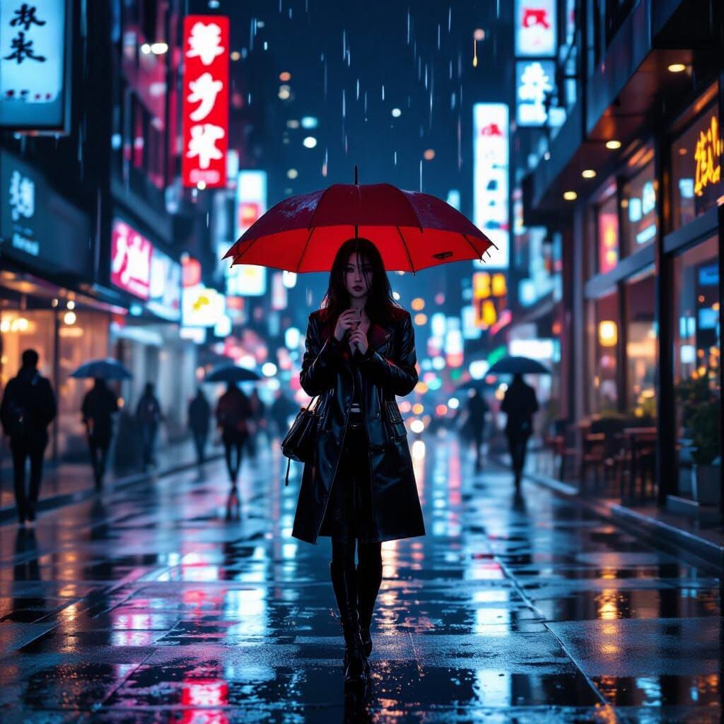 Noir Portrait of Woman in Rainy Cyberpunk City