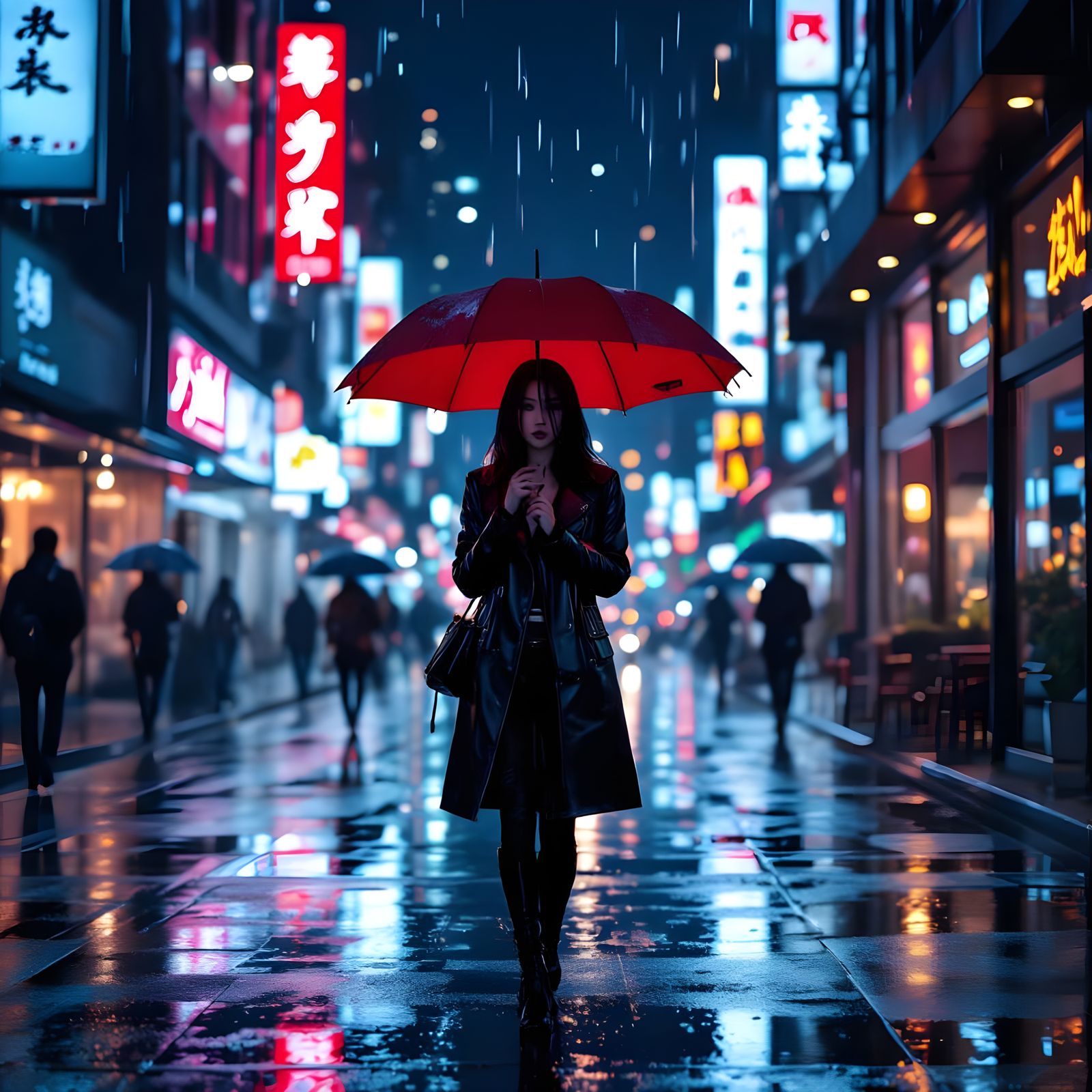 Noir Portrait in Rainy Cyberpunk Cityscape
