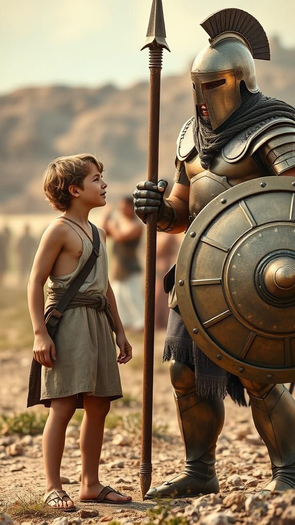 a realistic scene of David versus Goliath in an epic battle,...