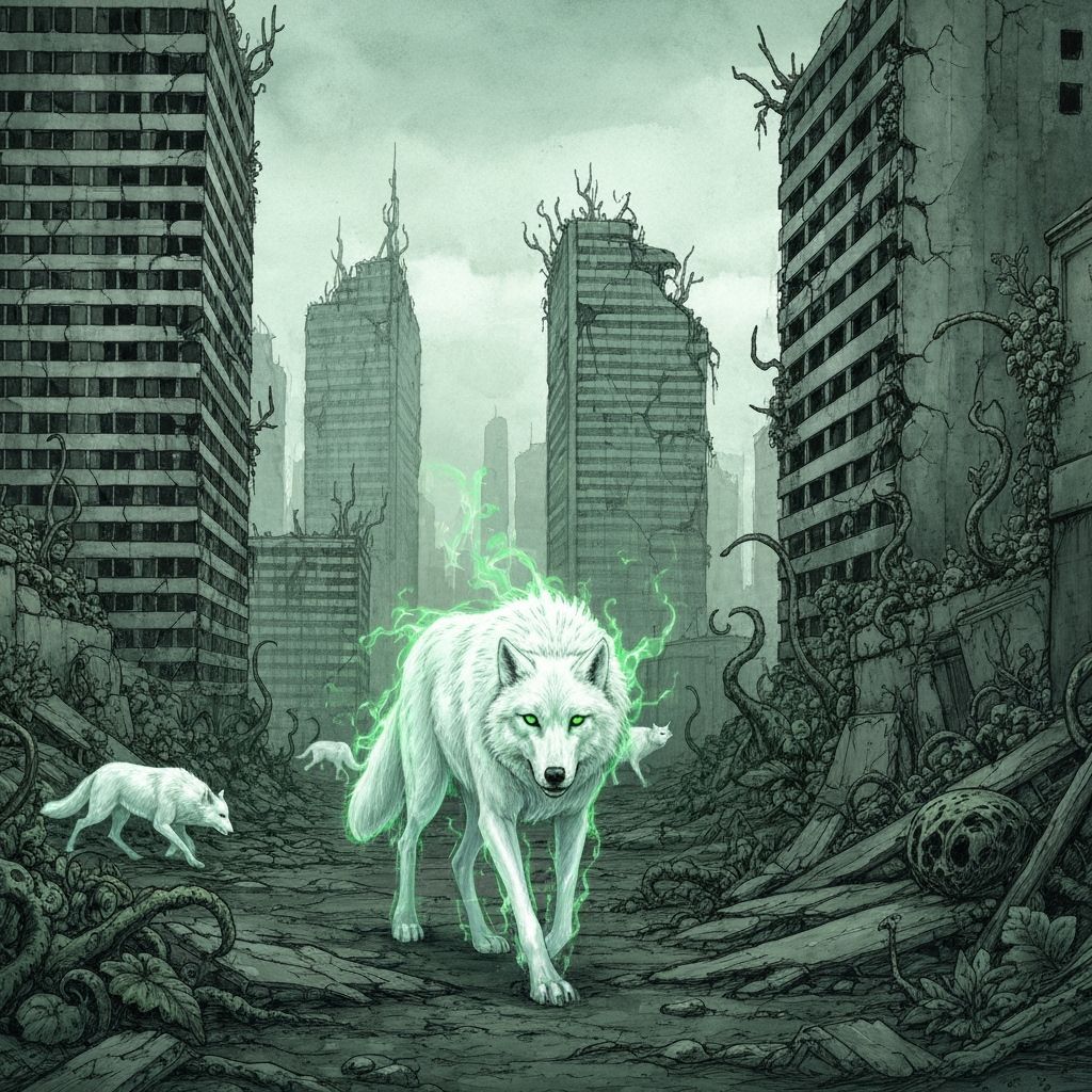 Spectral Wolf in Post-Apocalyptic Cityscape