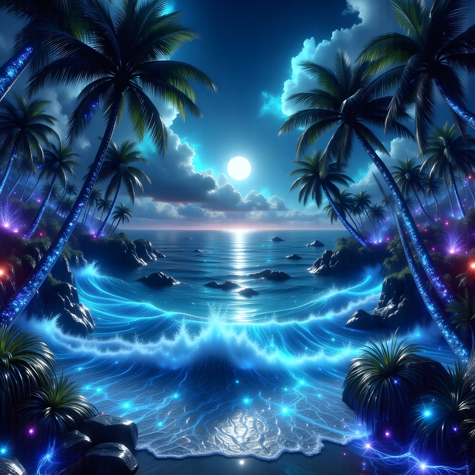 Bioluminescent Shoreline in Double Exposure Style