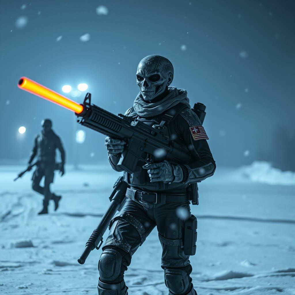 Alien Soldier in Snowstorm Landscape with Laser Machinegun