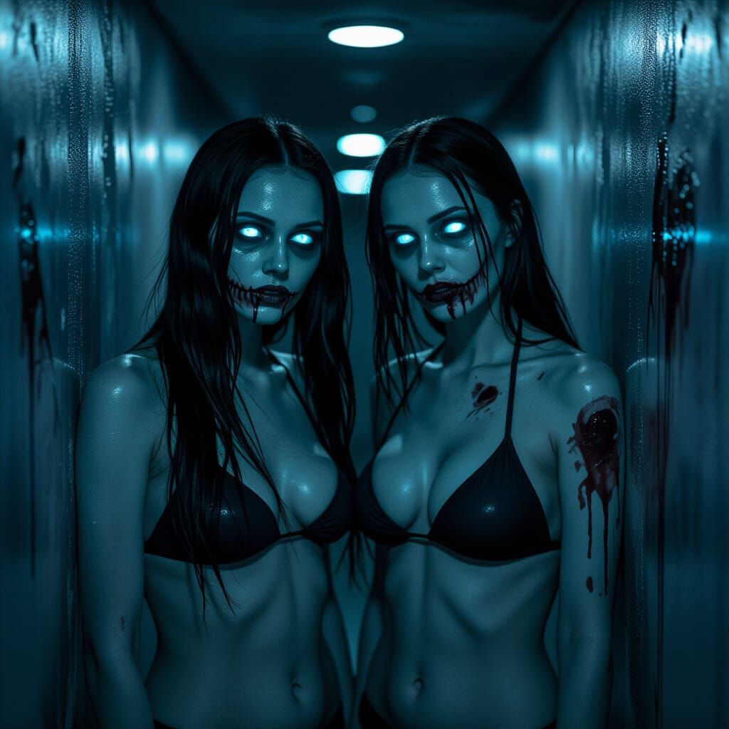 Eerie Zombie Women in Dim Hallway, Horror-Themed