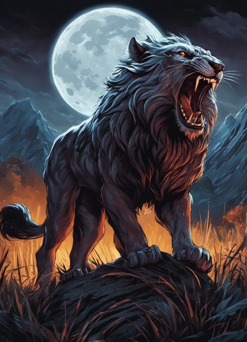 Menacing Werelion Growling Under Full Moon