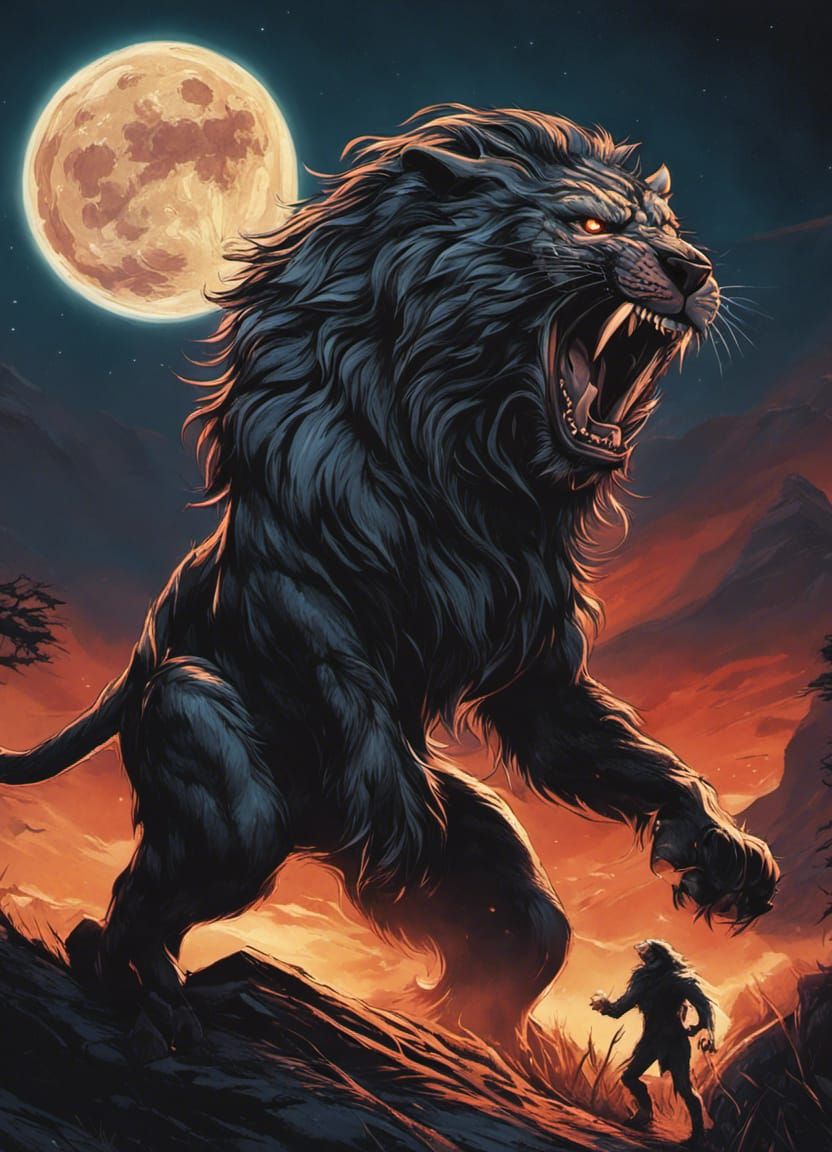 Menacing Werelion Growling Under Full Moon