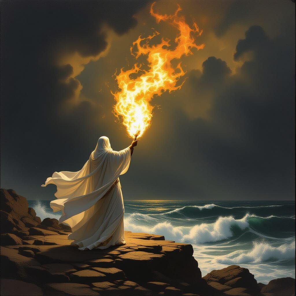 God of Light Tends Flame on Stormy Isle