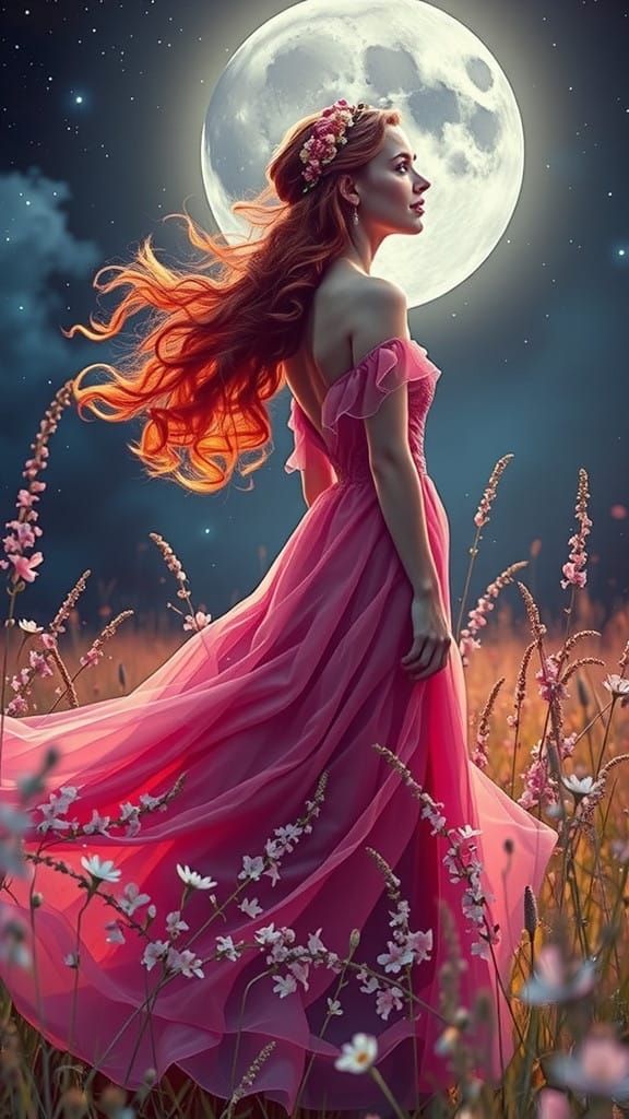 Woman Under Full Moon in Romantic Landscape