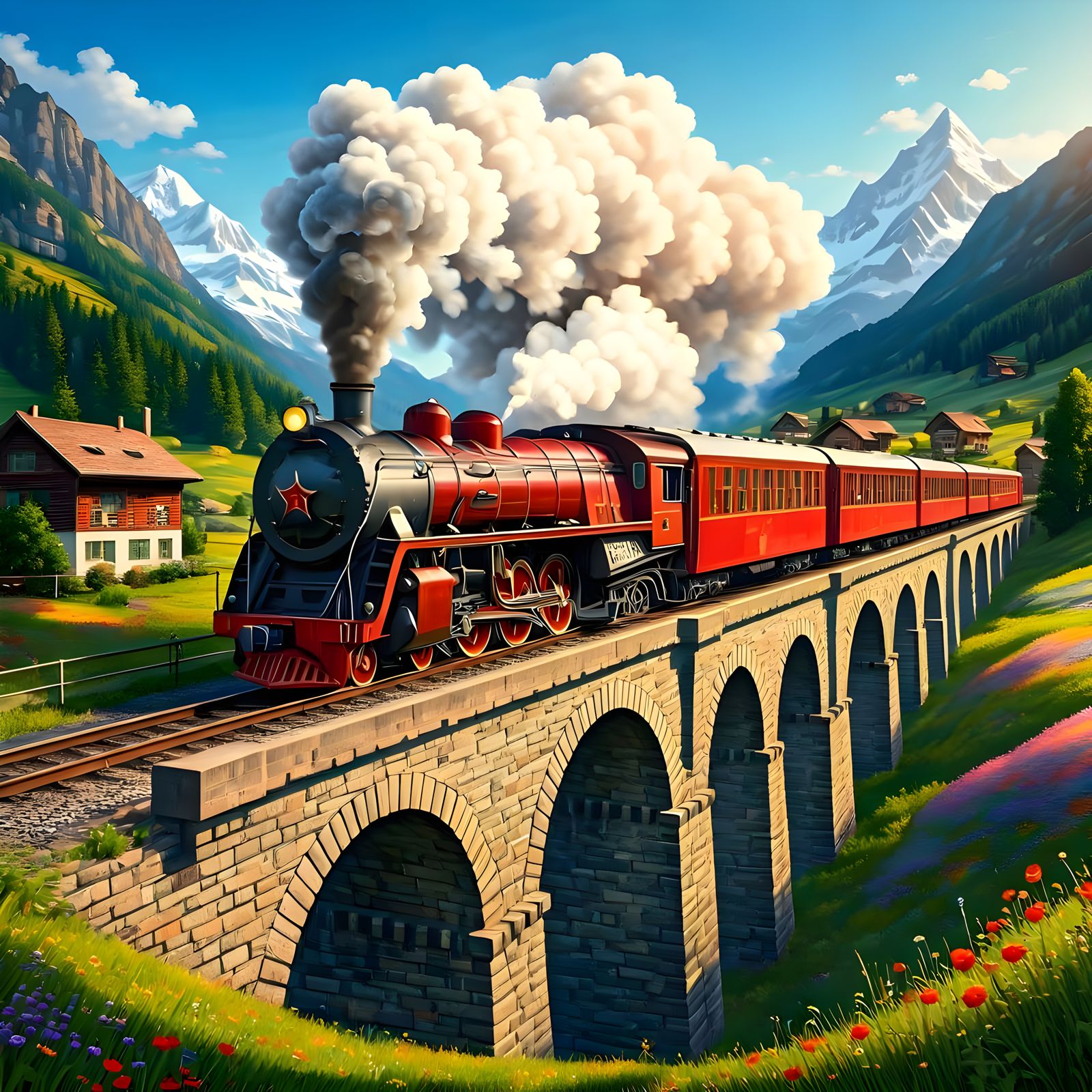 A vintage, crimson-hued steam train with an intricately deta...