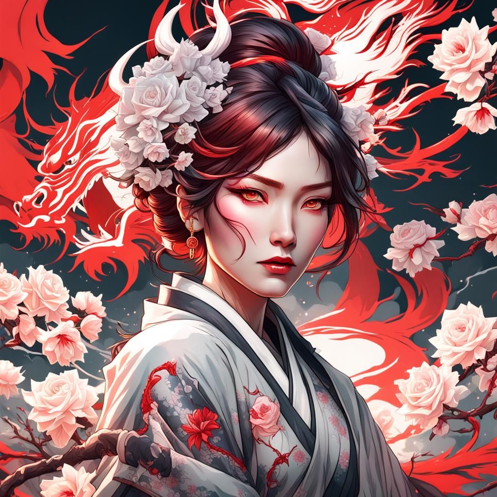 Japanese woman with upswept hair (cherry blossoms entwined) ...