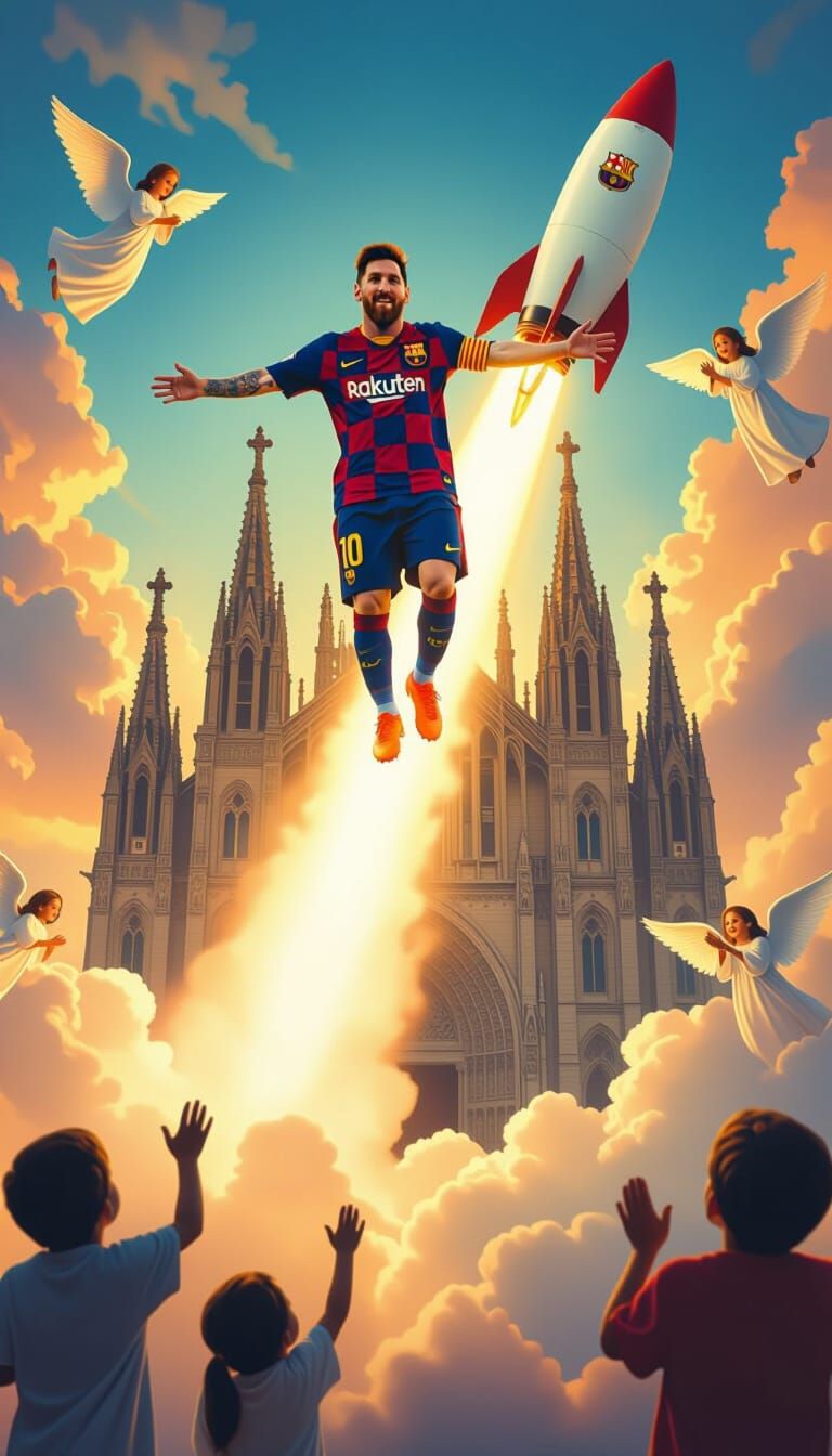 Messi Rocket Ride to Jesus: A Surreal Hug