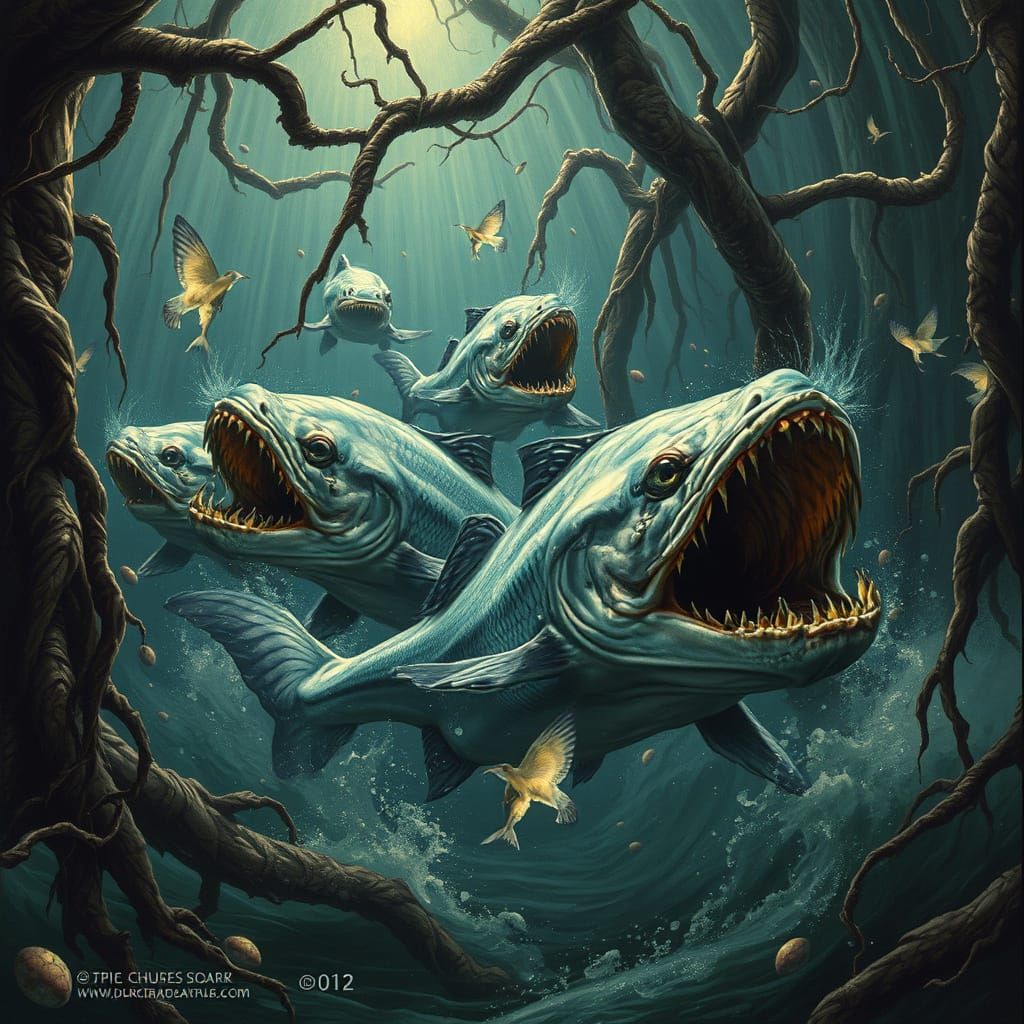 Dark Amazonian Piranhas in a Fantastical, Atmospheric Scene