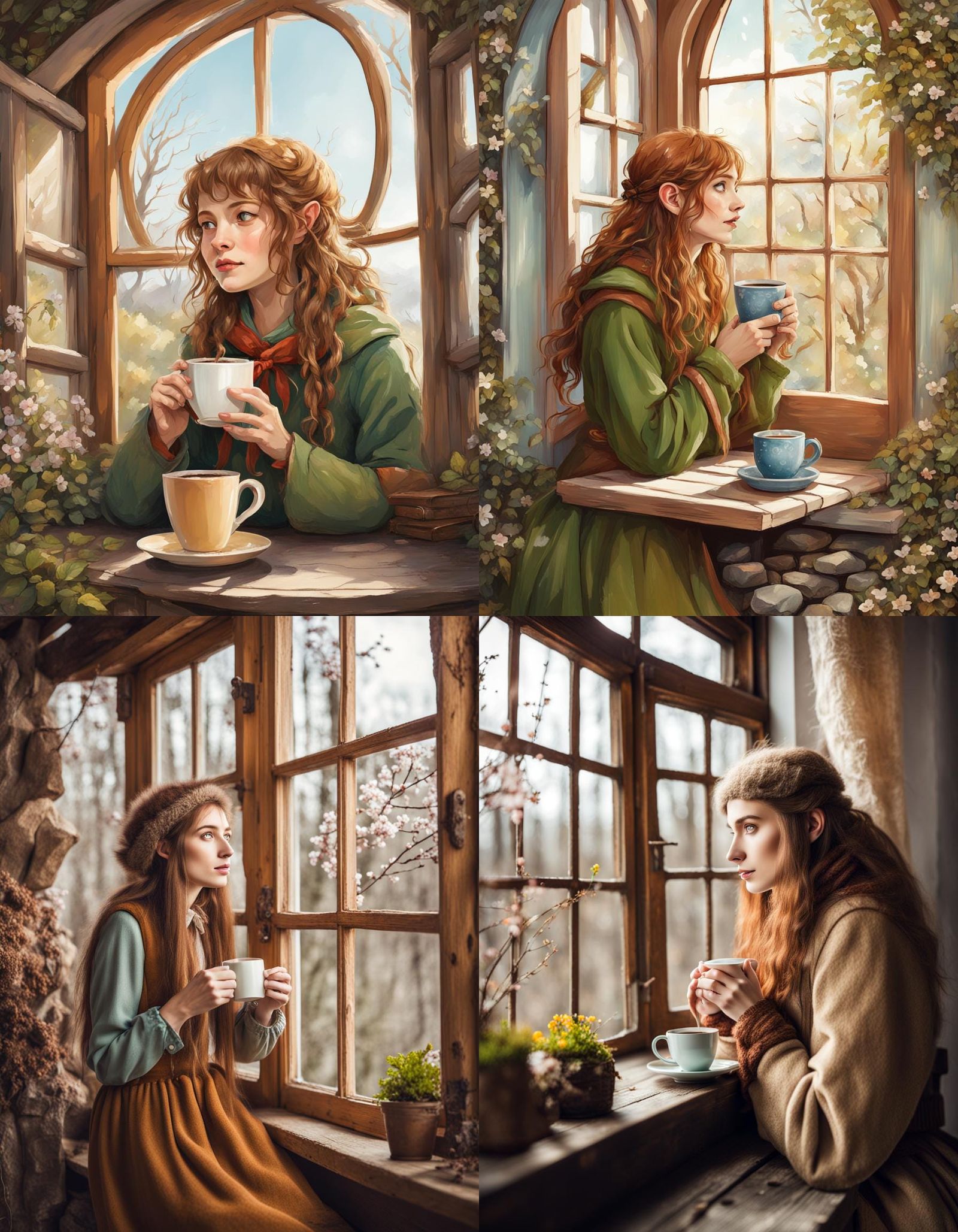 Hobbit Girl Drinks Coffee in Spring