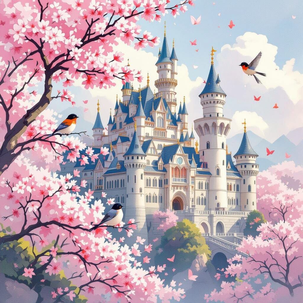 Cherry Blossom Castle in Whimsical Watercolor Style