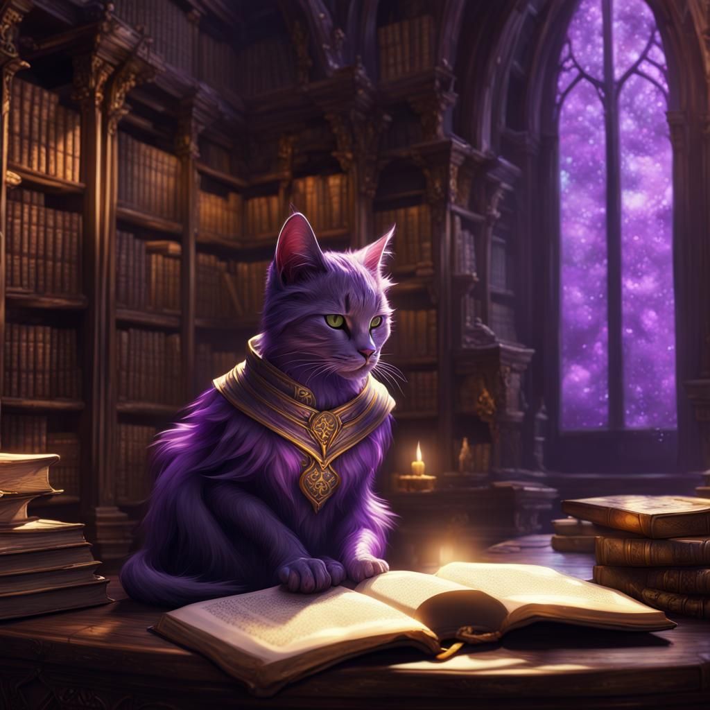 Elven Cat Reading in Library, Detailed Fantasy Art