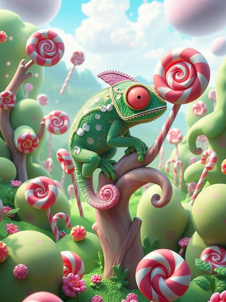 Whimsical Chameleon in Candyland: Digital Illustration