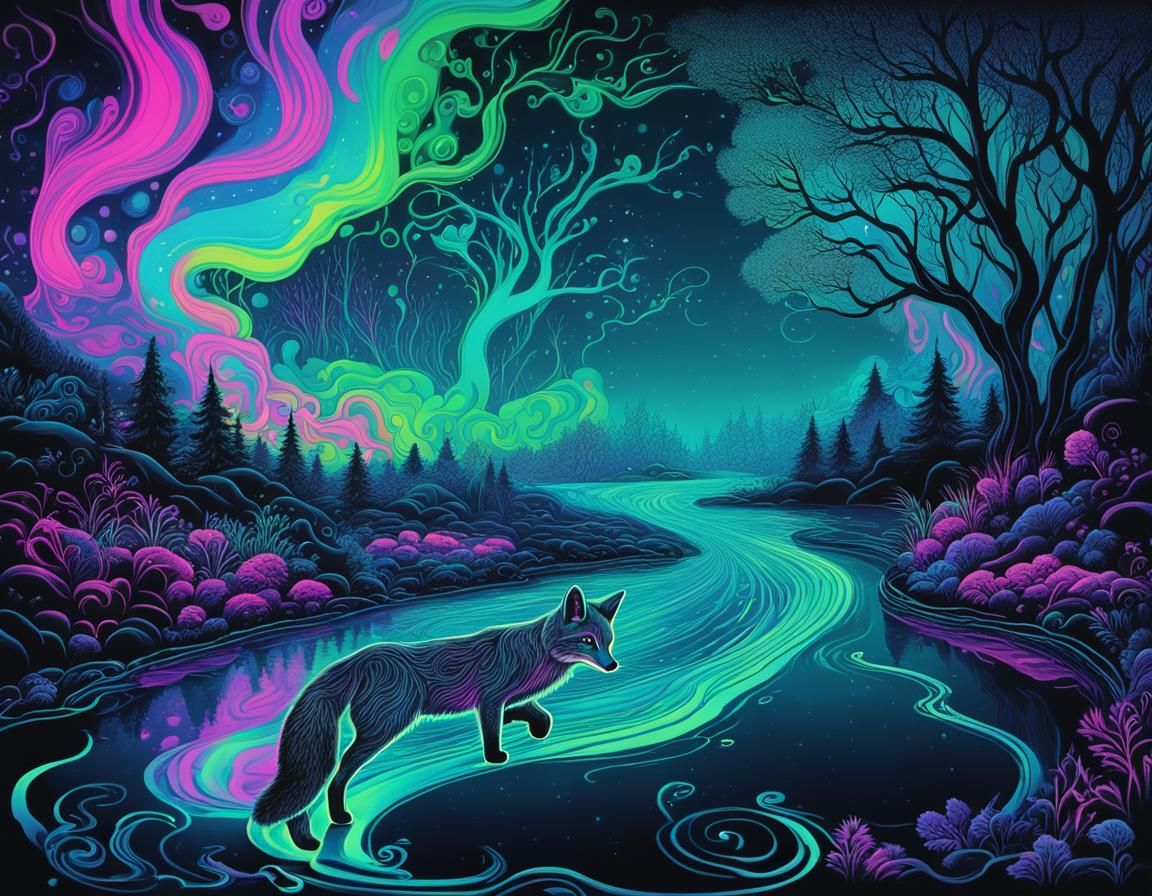 Psychedelic Fox in Fluorescent Black Light Art