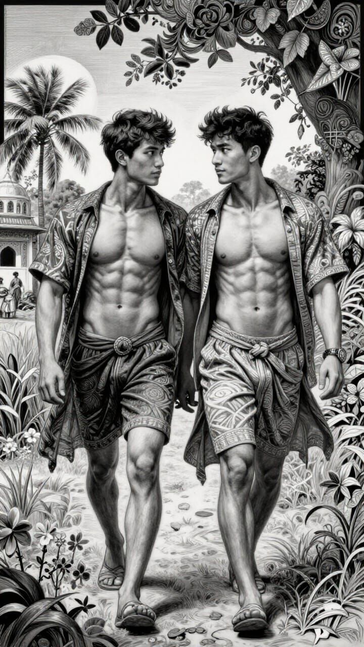 Elegant Asian Couple in Indian Countryside, Charcoal Art Sty...