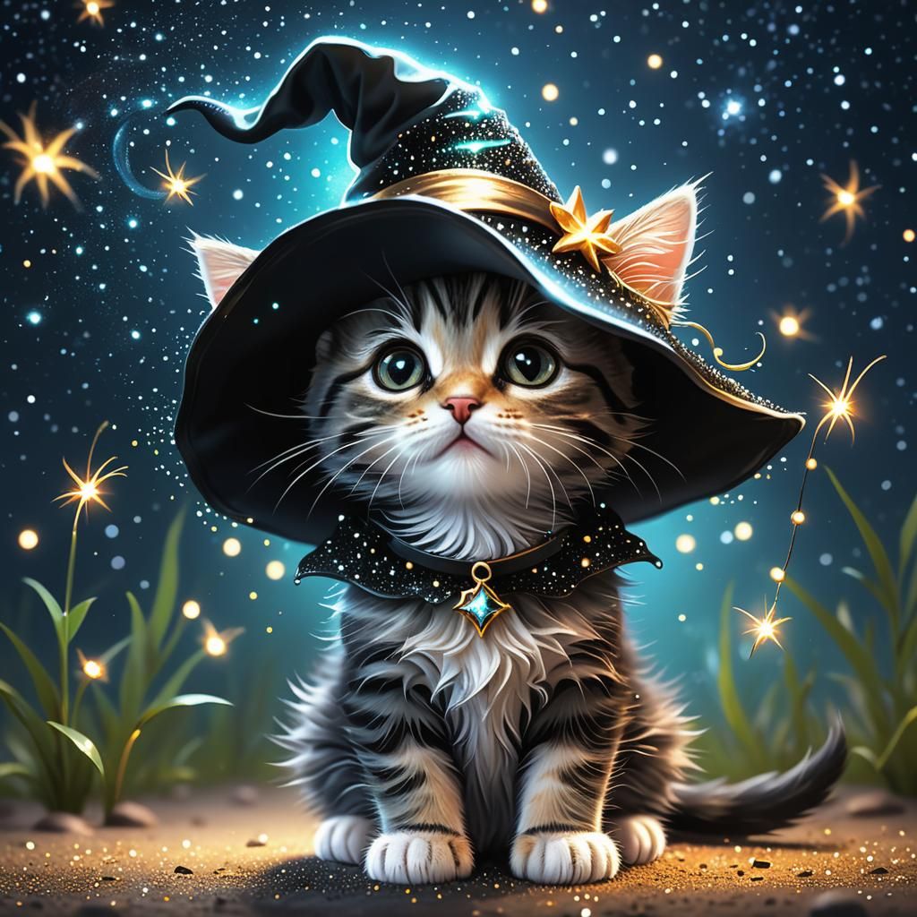 Adorable Kitten Witch Glimpses Sparkling Sky