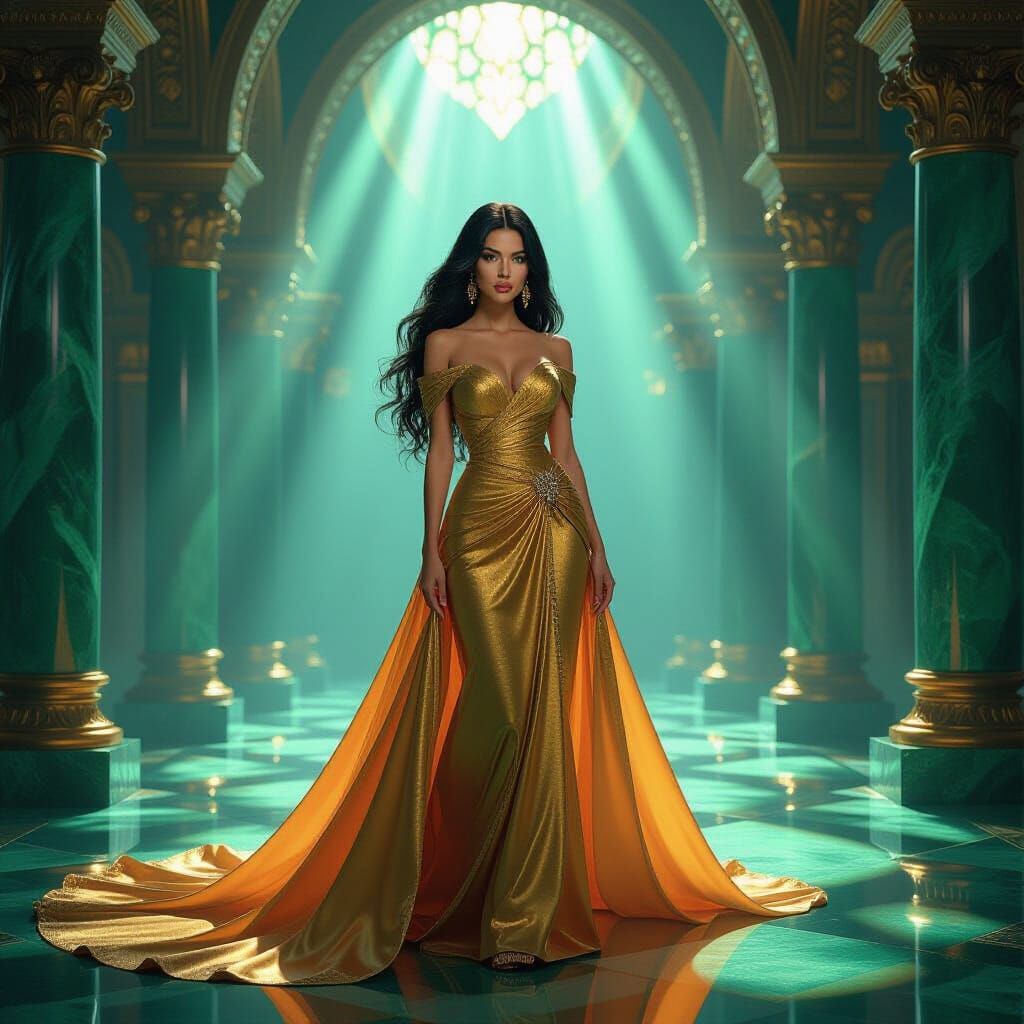 Elegant Woman in Golden Dress in Emerald Palace