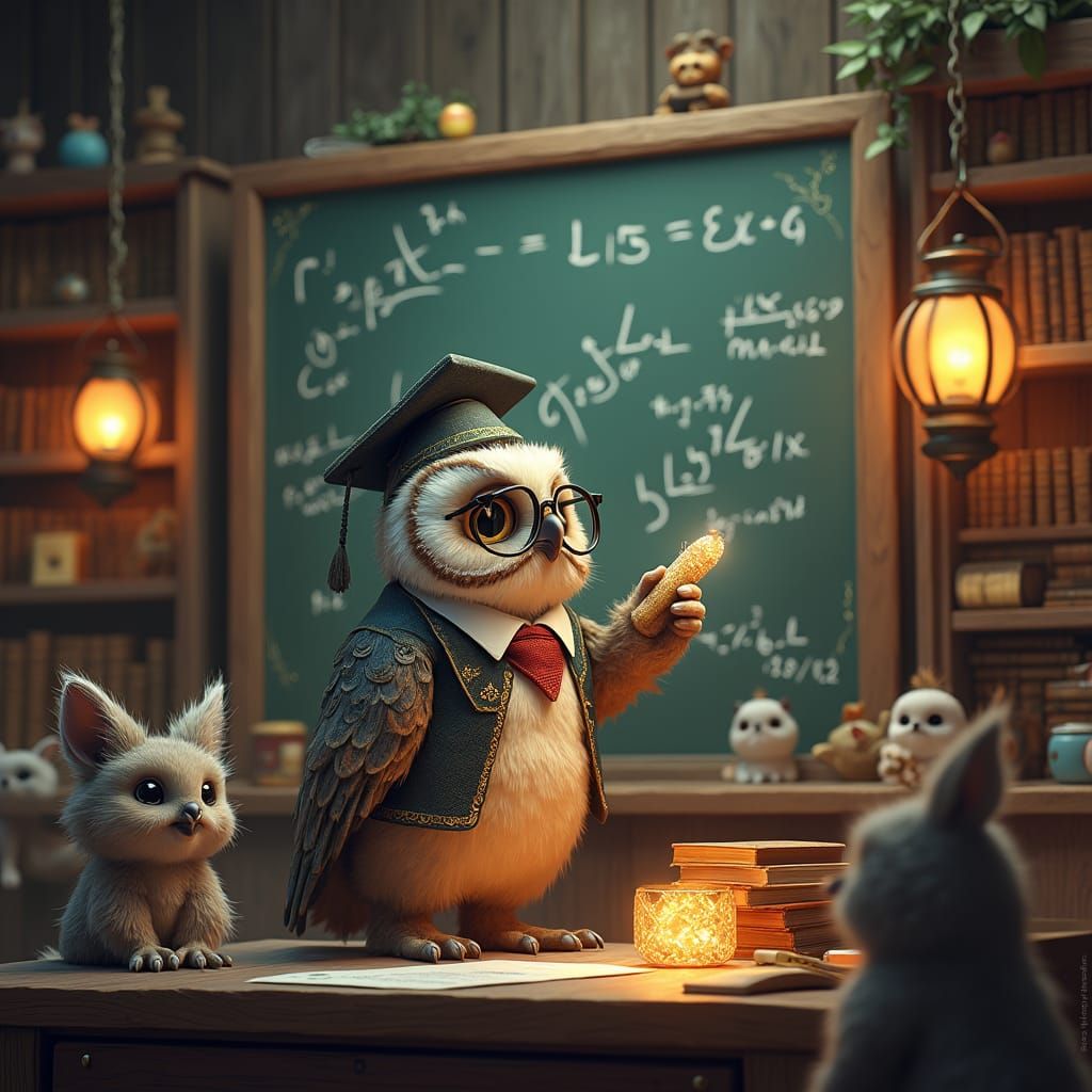 Owl Professor Teaches Math in Mystical Classroom