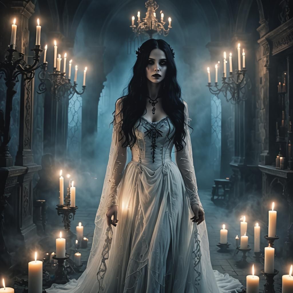 Gothic Woman in Haunted Mansion with Blue Lights
