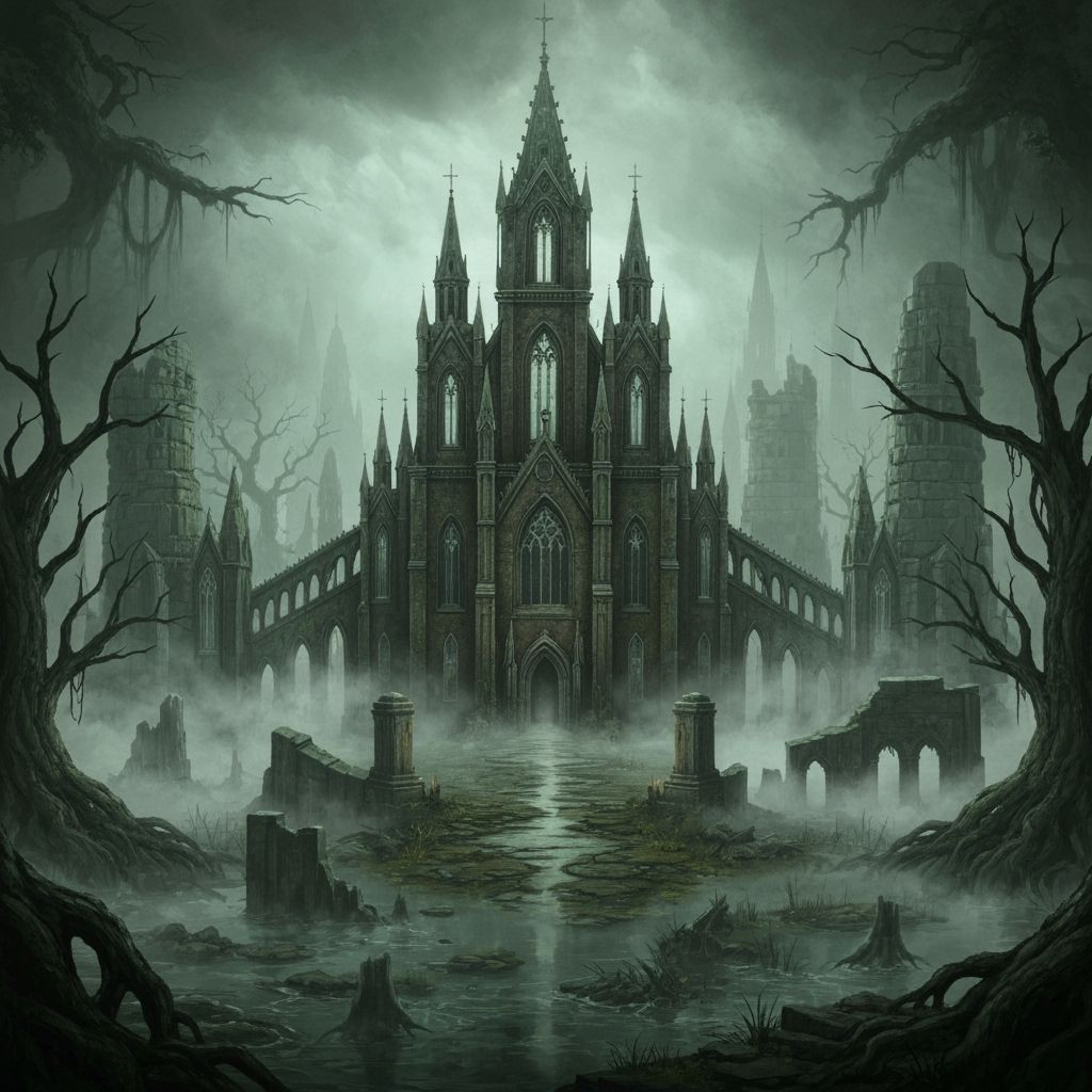 Ghastly Swamp Cathedral D&D Map in Dark Fantasy Style