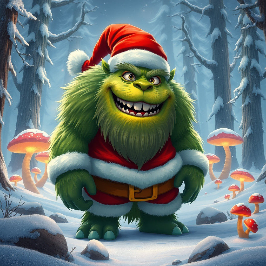 Festive Green Monster in Mystical Winter Forest