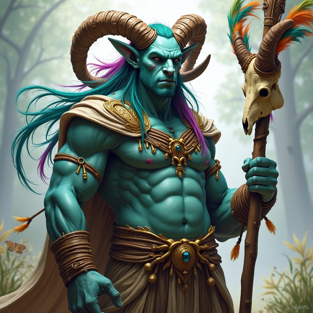 Hyperrealistic Tiefling in Druidic Attire with Ram Skull Sta...