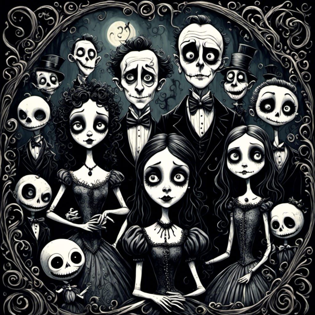 The Addams Family Spooky Selfies in Burtonesque Line Art