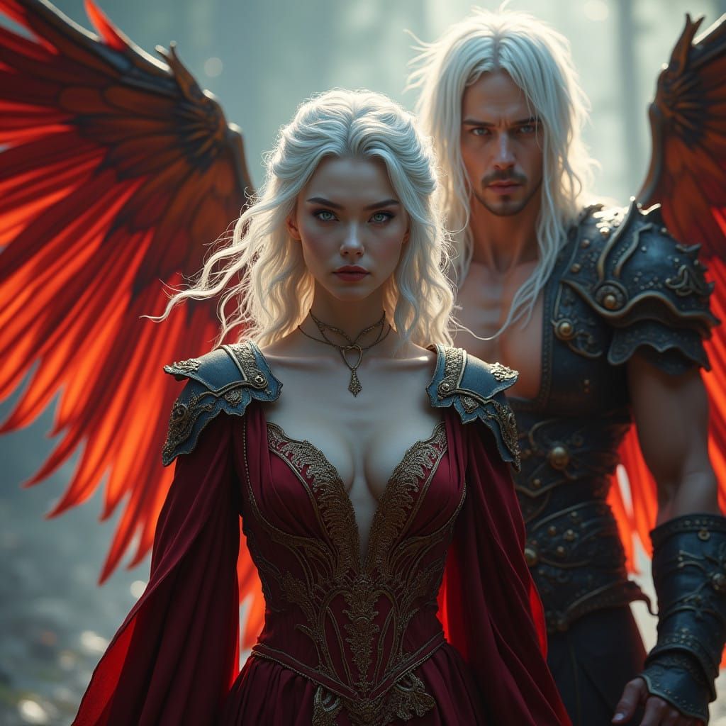 Regal Woman with Fiery Red Wings in Dark Red Gown and Should...