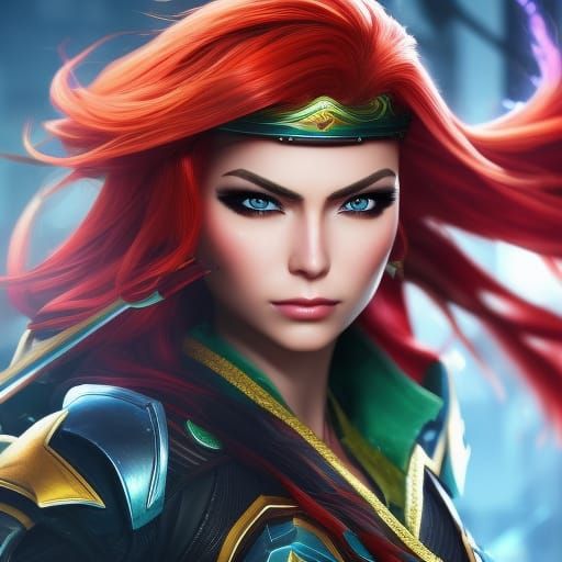 Hyperrealistic Female Ninja with Red Hair and Green Eyes